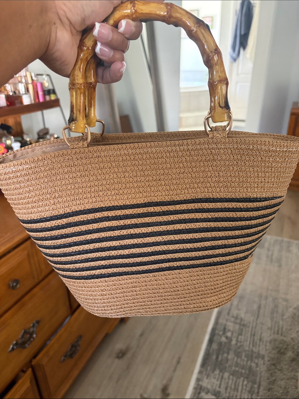Woven Straw Tote Bag with Bamboo Handles - Tan & Black